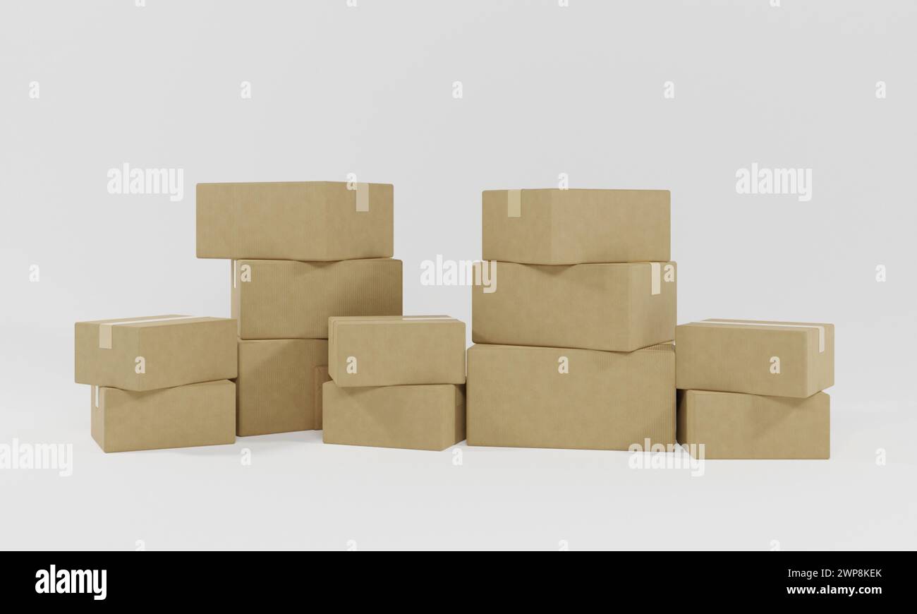 Realistic cardboard box mockup set from side, front view open and closed isolated on white background. Parcel packaging template. 3D Rendering. Mobile Stock Photo