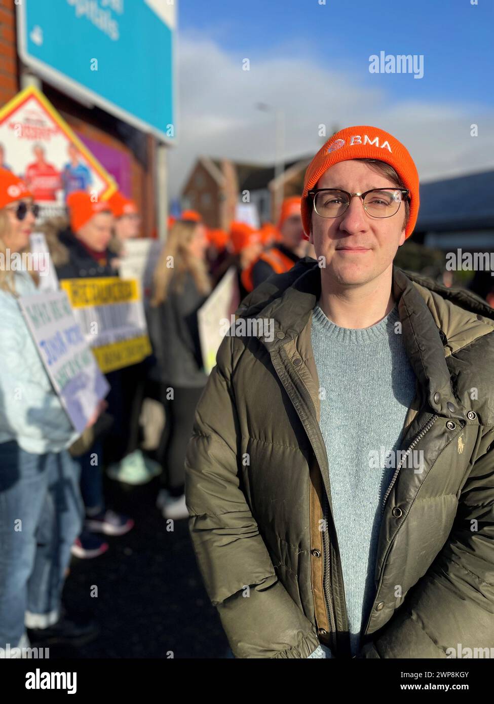 Deputy chair of the British Medical Association's Northern Ireland junior doctor committee, Dr Steven Montgomery, who works in Royal Belfast Hospital for Sick Children, joins junior doctors on the picket line outside the Royal Victoria Hospital in Belfast as a 24-hour strike over pay begins. Picture date: Saturday May 13, 2023. Stock Photo