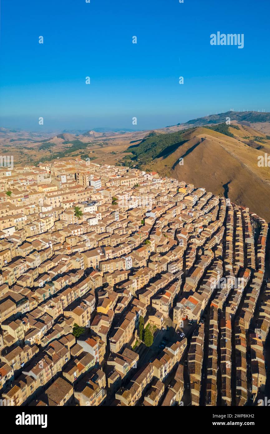 Aerial view of the labyrinthic street of the ancient town of Gangi. Palermo district, Sicily, Italy. Stock Photo