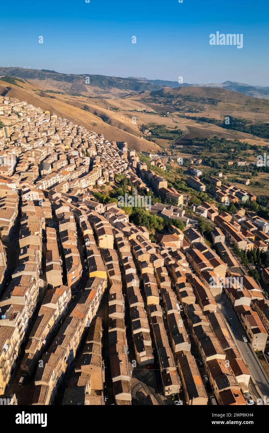 Aerial view of the labyrinthic street of the ancient town of Gangi. Palermo district, Sicily, Italy. Stock Photo