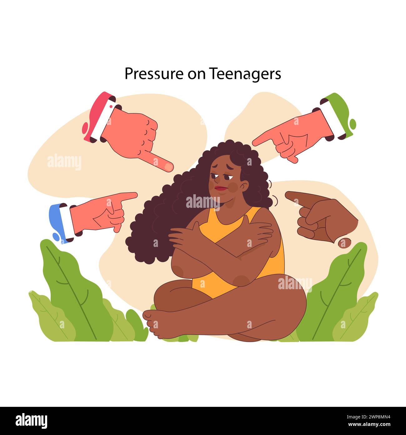 Teenage pressure concept. Distressed young girl surrounded by pointing fingers, depicting societal judgement. Emotional challenges, discrimination faced during adolescence. Flat vector illustration Stock Vector