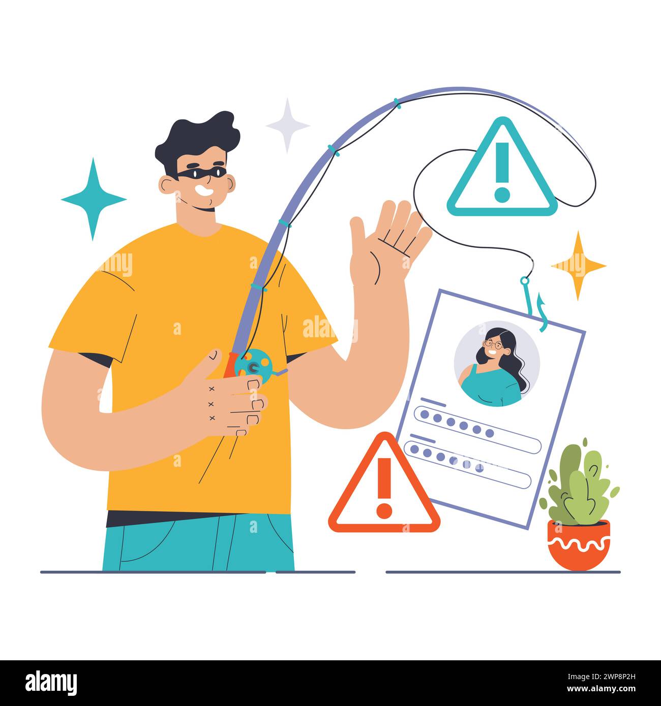 Phishing scam unveiled. Man discerns deceptive email trap, illustrated by fishing rod luring a digital profile. Beware of cyber deception. Flat vector illustration. Stock Vector