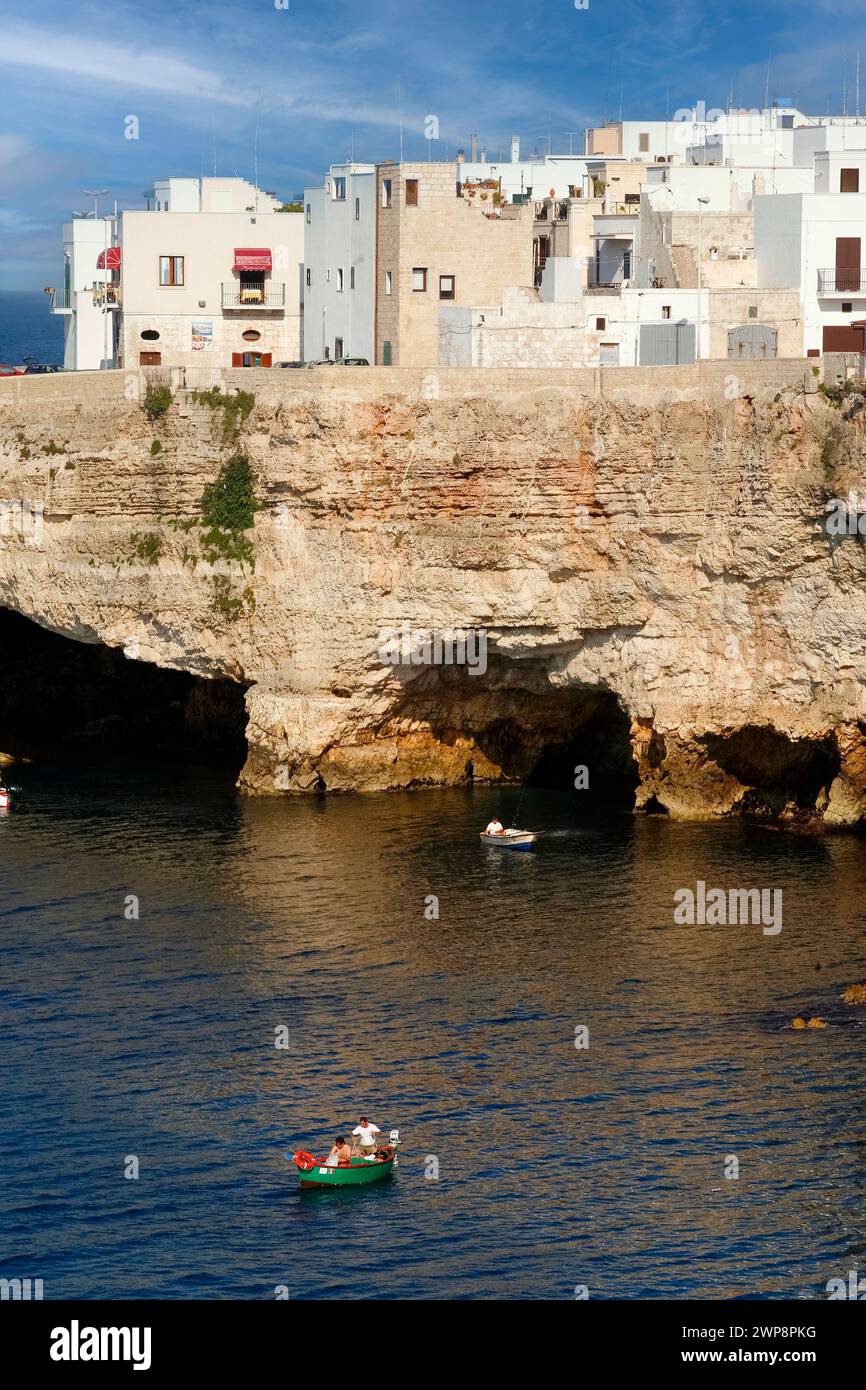 Italy Apulia Polignano a Mare (BA): view of the coast with the village Grotta Palazzese Stock Photo