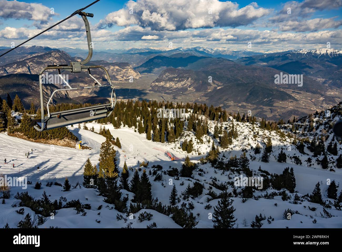 Snow covered Italian Dolomites at winter. Ski resort Paganella Andalo, Trentino-Alto Adige, Italy. Ski slopes and snow holidays in Andalo in the Itali Stock Photo