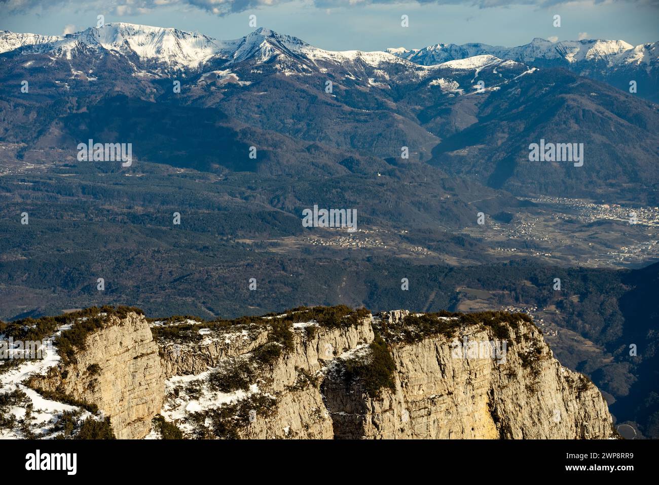 Snow covered Italian Dolomites at winter. Ski resort Paganella Andalo, Trentino-Alto Adige, Italy. Ski slopes and snow holidays in Andalo in the Itali Stock Photo