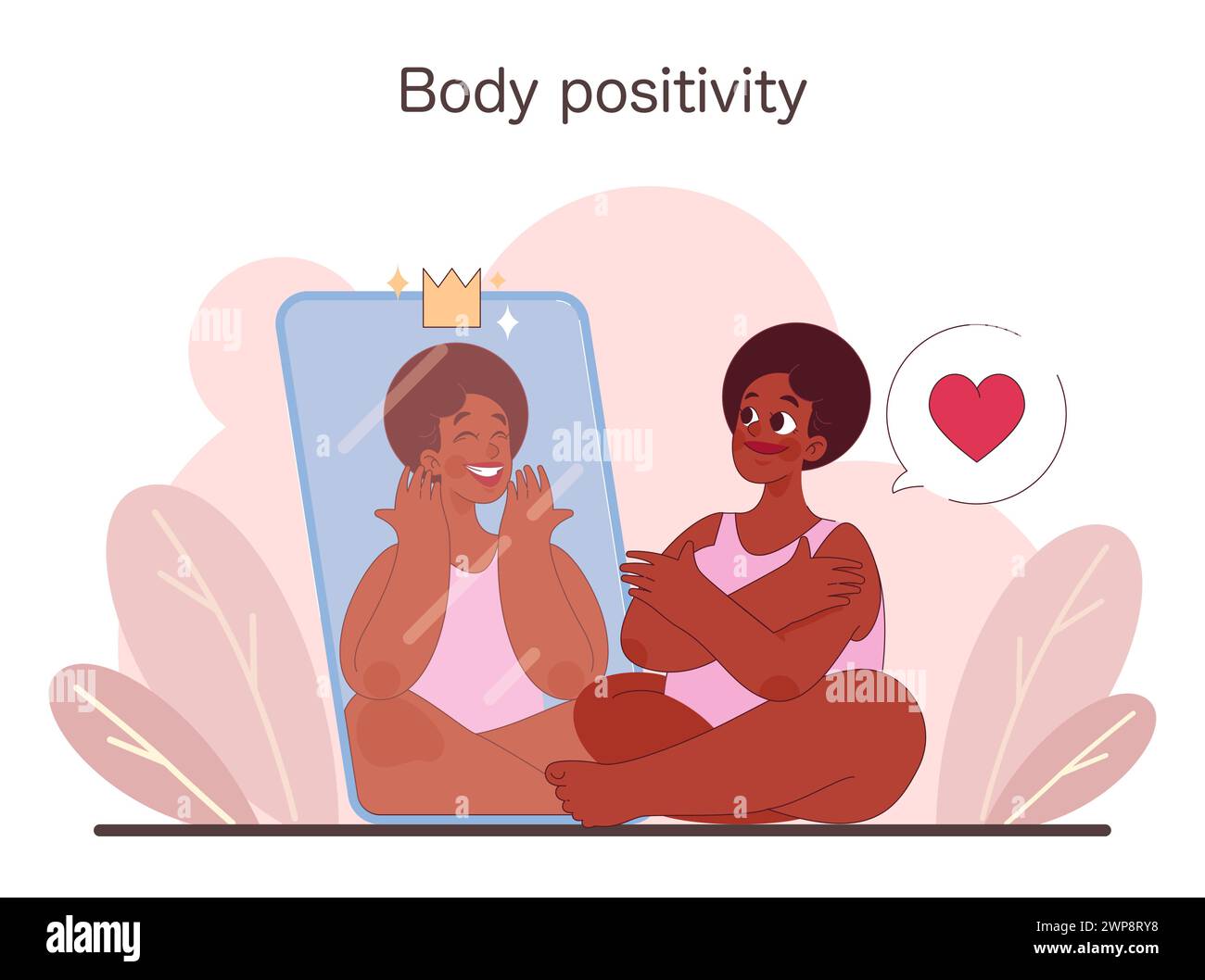 A joyful woman embraces herself, mirrored in a crowned reflection 