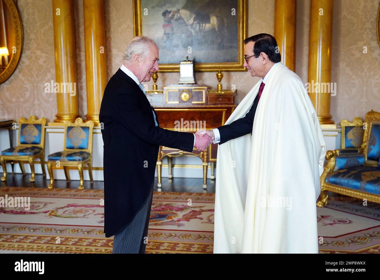 The Ambassador of Algeria, Nourredine Yazid, presents his credentials to King Charles III during a private audience at Buckingham Palace, London. Picture date: Wednesday March 6, 2024. Stock Photo
