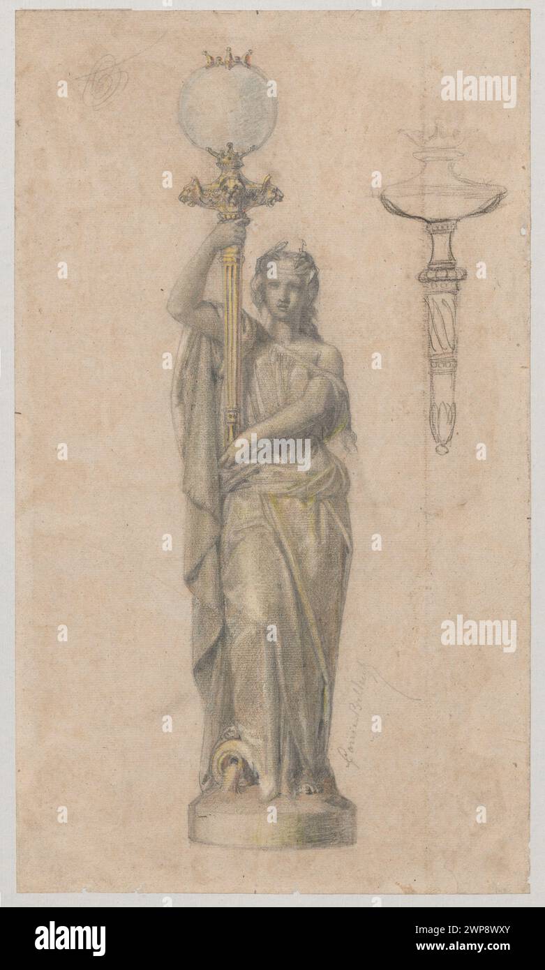 A design by Albert-Ernst Carrier-Belleuse from around 1873 for a gas candelabra shaped as a female figure holding a torch, documented in the Lubomirski collection and represented in French drawings. Stock Photo