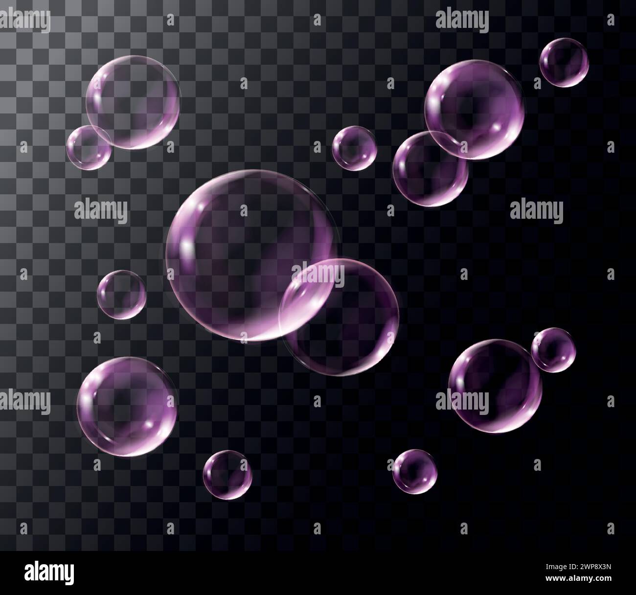 Realistic transparent pink soap bubbles with rainbow reflection. Isolated set composition. Stock Vector