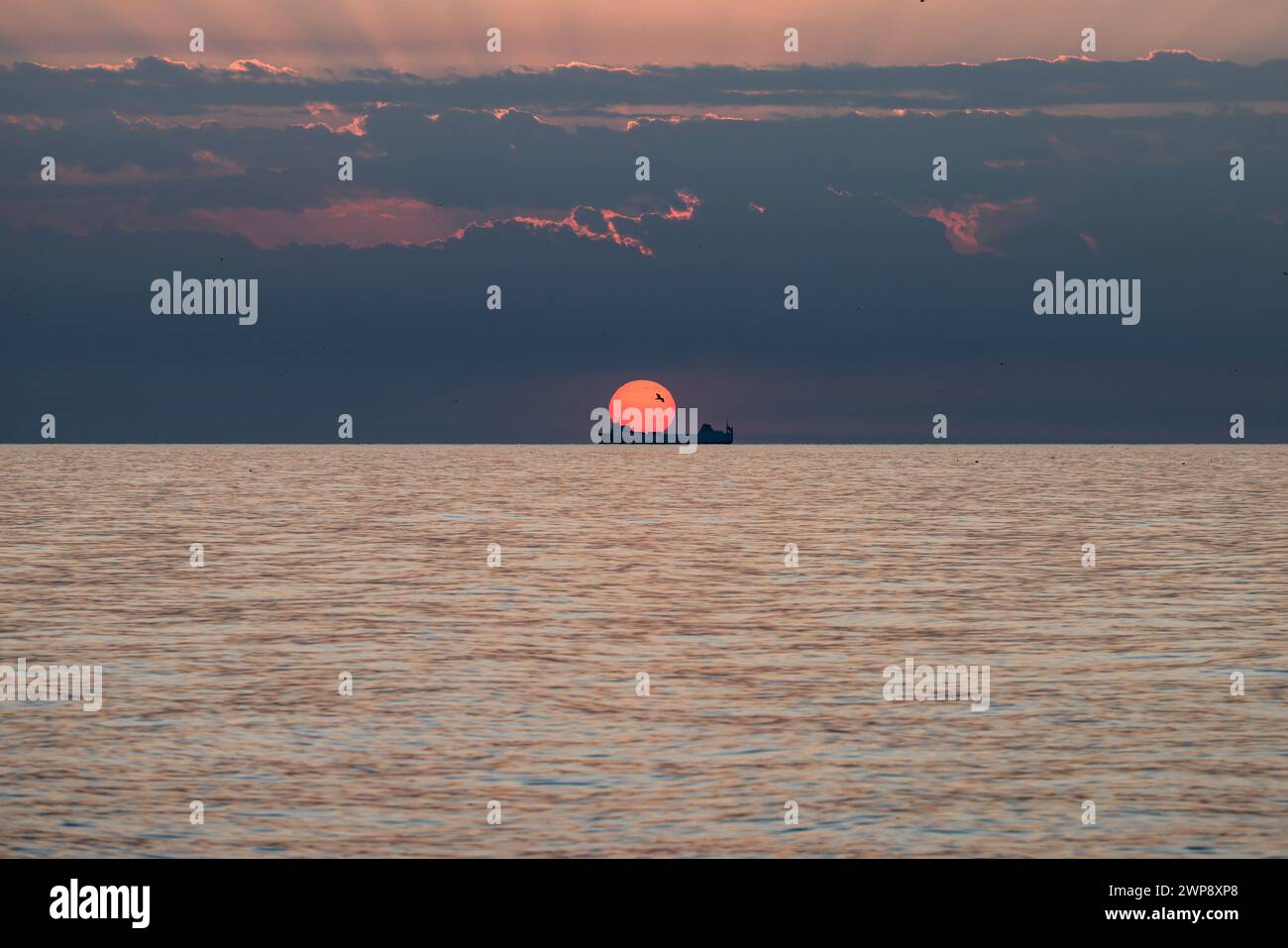 Merchant ship during sunrise over the Mediterranean Sea seen from the beach in Torremolinos. Costa del Sol, Spain Stock Photo