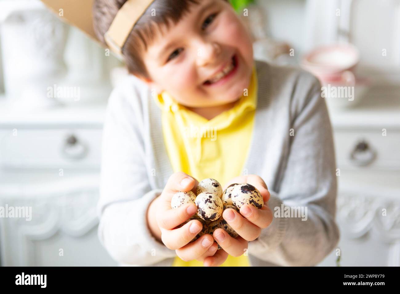 3 March 2024: Egg hunt, little boy holding several quail eggs for Easter. Child with self-made bunny ears on his head *** Eiersuche, Kleiner Junge hält mehrere Wachteleier zu Ostern in der Hand. Kind mit selbstgebastelten Hasenohren auf dem Kopf Stock Photo