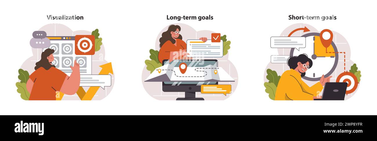 Goal setting set. Visualization techniques, long term planning, and immediate action steps. Women strategizing, prioritizing tasks, mapping journey. Flat vector illustration Stock Vector