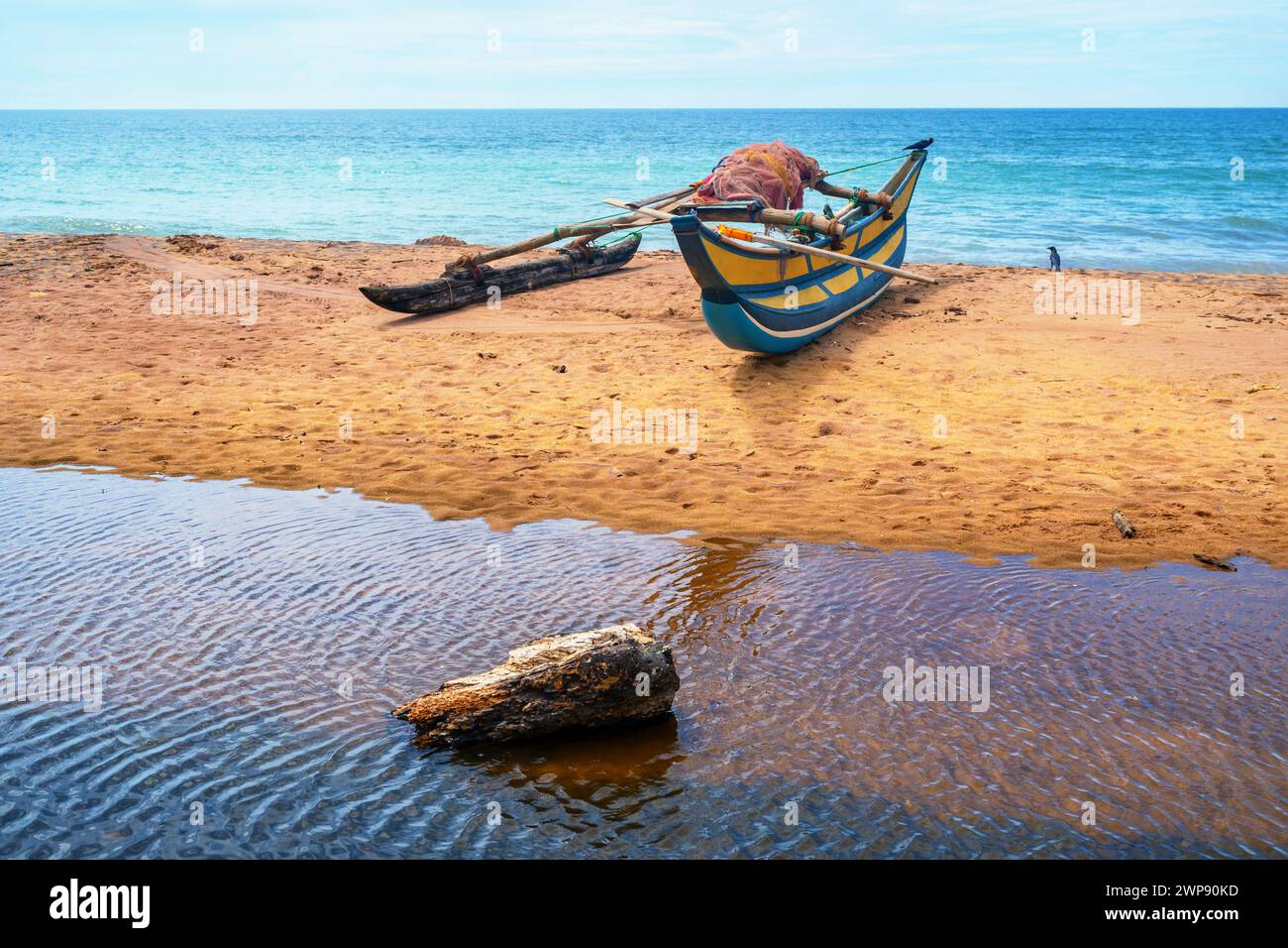 Small fishing boat with fishing net on beach with bird. Sri Lanka. Stock Photo