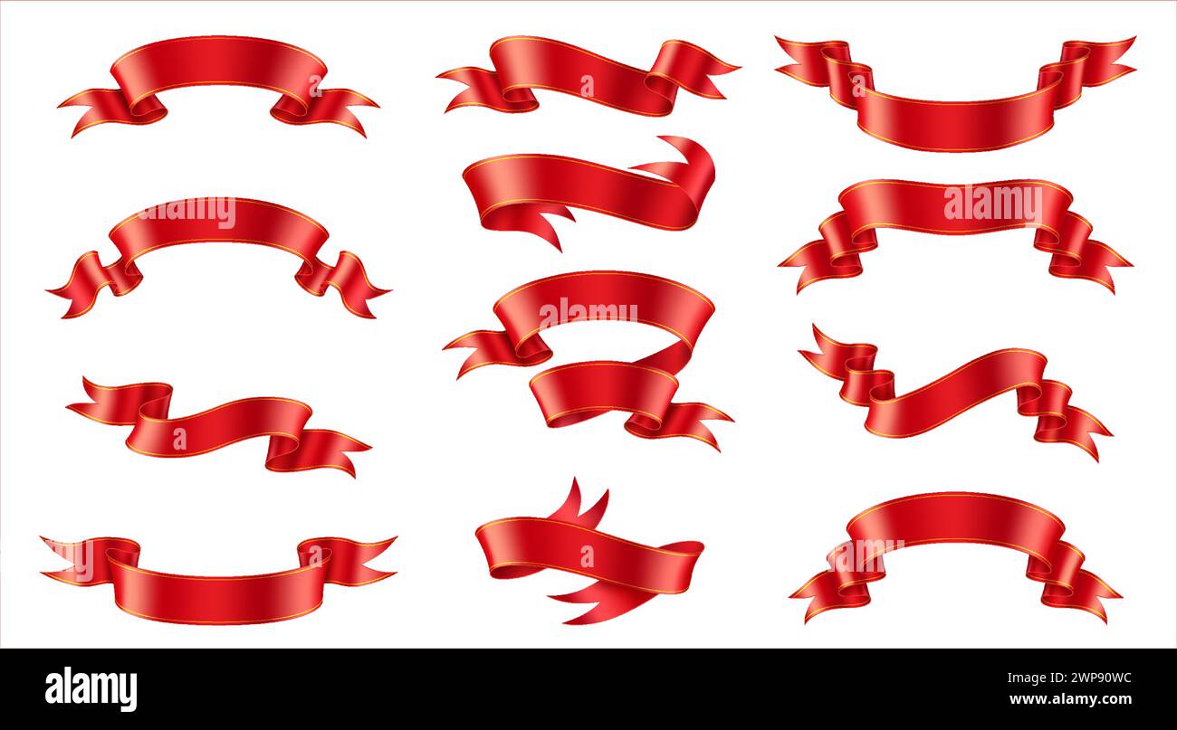 Realistic Ribbon Sticker Red shiny satin ribbons realistic vector illustration set. Vintage ...