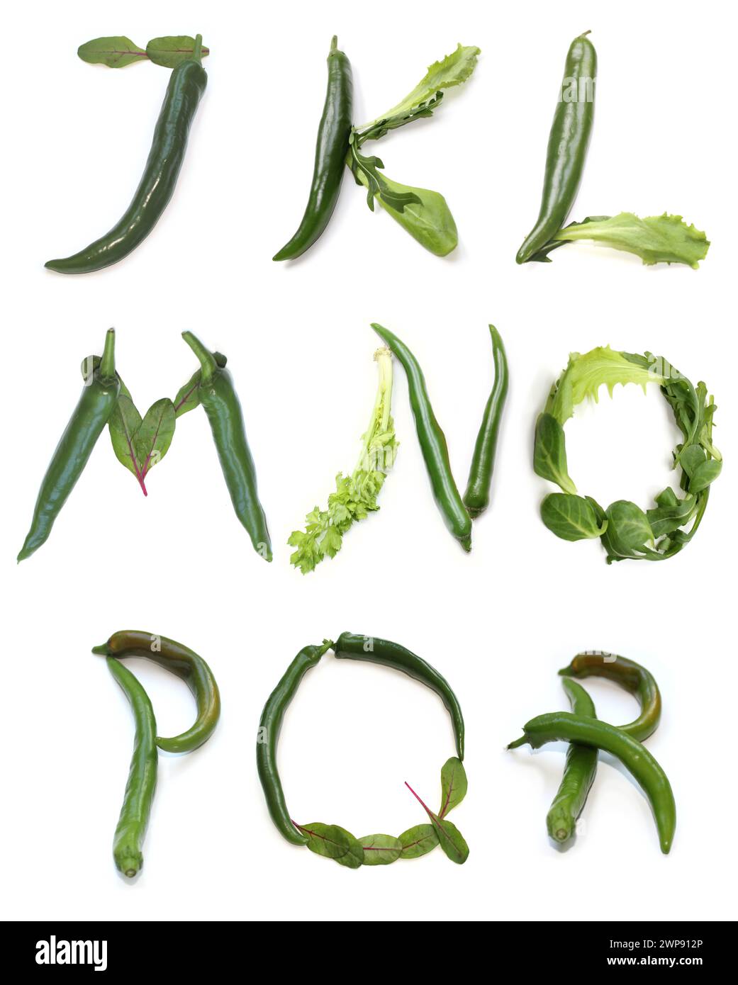 letters j k l m n o p q r from chili peppers, green salad leaf for text word, poster, brunch banner, bowls menu card, vegan bowl, vegetarian food bowl Stock Photo