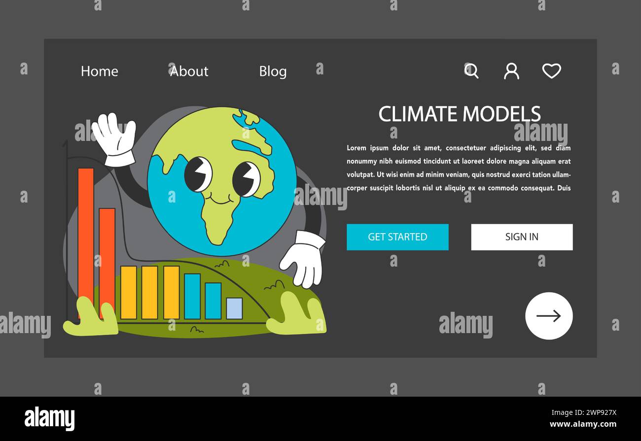 Climate models web banner or landing page dark or night mode. Global warming solutions. Weather patterns research and prediction. Major climate system components atmosphere. Flat vector illustration. Stock Vector