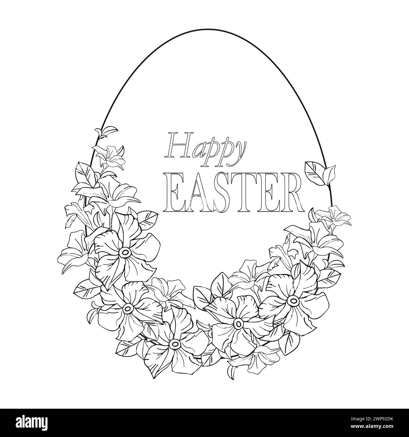 Line art spring flower Easter egg, hand drawn floral elements for Valentines day. Vector illustrations for card or invitations, coloring book. Stock Vector