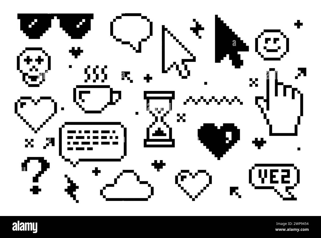 Retro pixel smiley and icons, videogames of 90's aesthetics, 8-bit retro elements, Y2k  pixels stickers, heart, index and cursor, vector Stock Vector