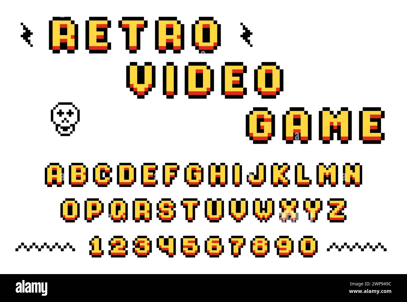 Retro pixel font from old computer video game, 8 bit letters and numbers, pixel alphabet, vector Stock Vector