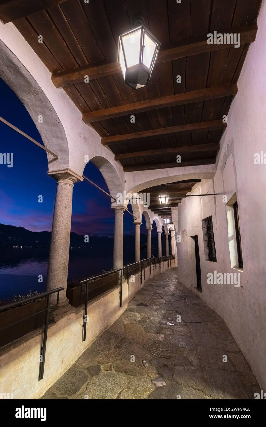 The walkway over Lake Maggiore at Santa Caterina del Sasso Ballaro monastery, Leggiuno, Lago Maggiore, Varese Province, Lombardy, Italy. Stock Photo