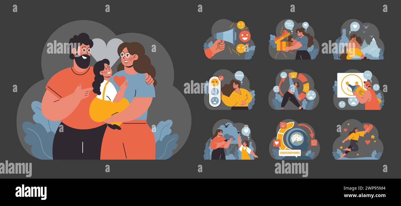 Happiness set. Expressing joy through family bonding, digital smiles