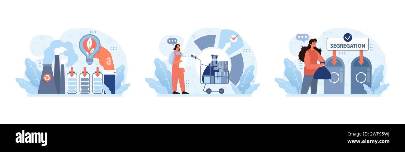 Waste management set. Power plants reduce emissions, employee guides recycling, public segregation initiative. Responsible disposal, community involvement. Flat vector illustration Stock Vector