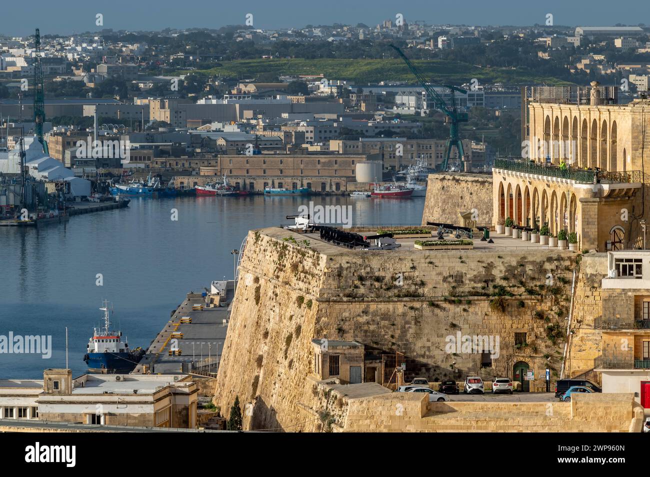 View of the saluting battery, Fort Lascaris and the waterfront, Valletta, Malta Stock Photo