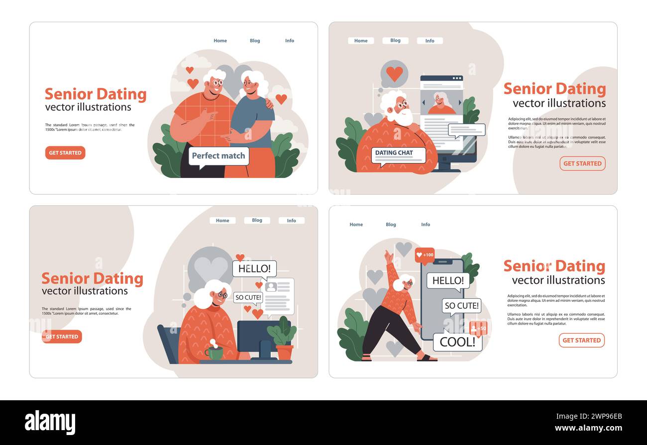 Senior Dating set. Elderly couples find love online, chat moments and heartwarming encounters. Perfect match, online chat, sweet greetings, joyful expressions. Flat vector illustration. Stock Vector