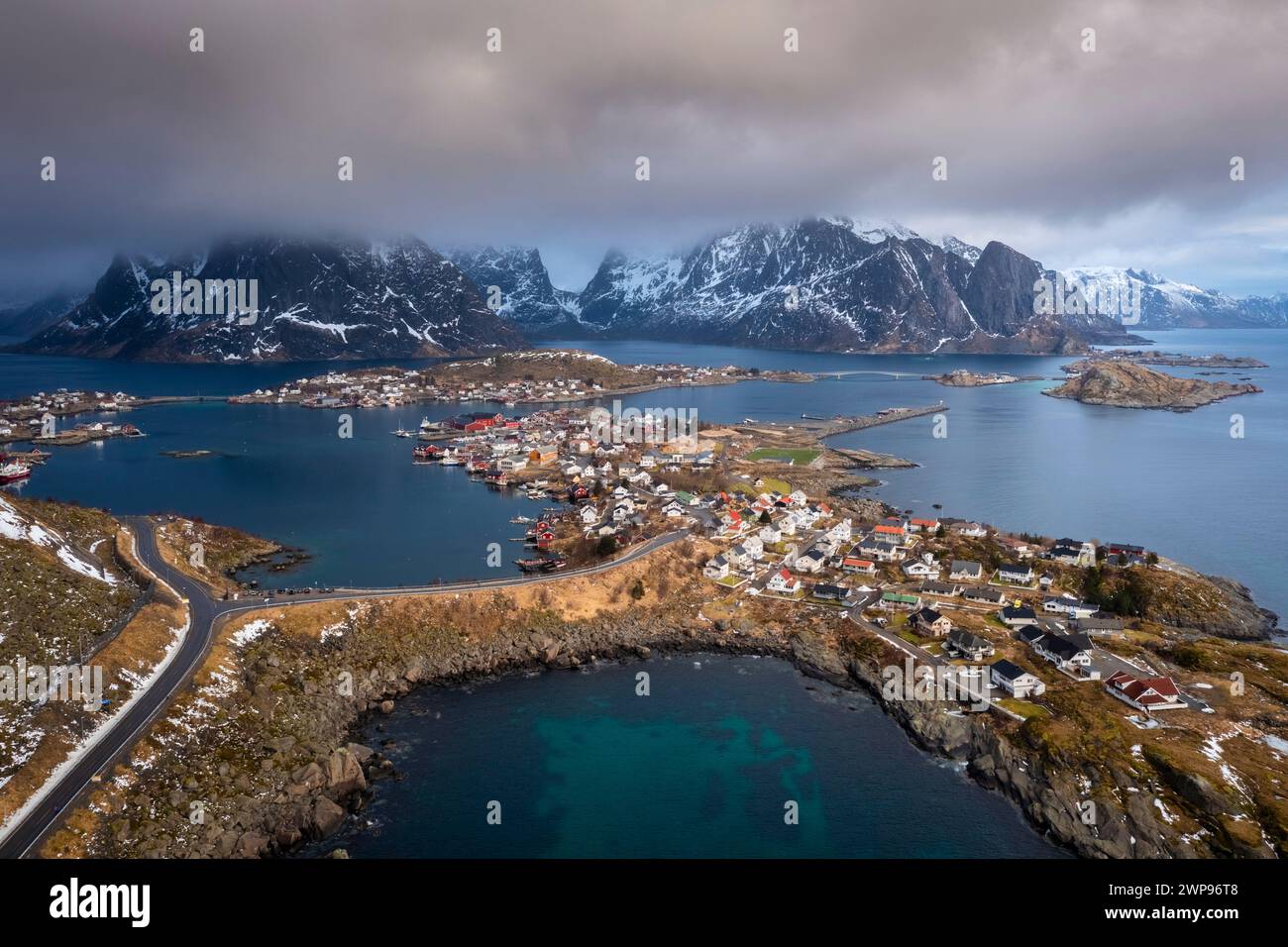 Aerial panoramic view of the Reine Bay in winter, Lofoten Islands, Norway. Stock Photo