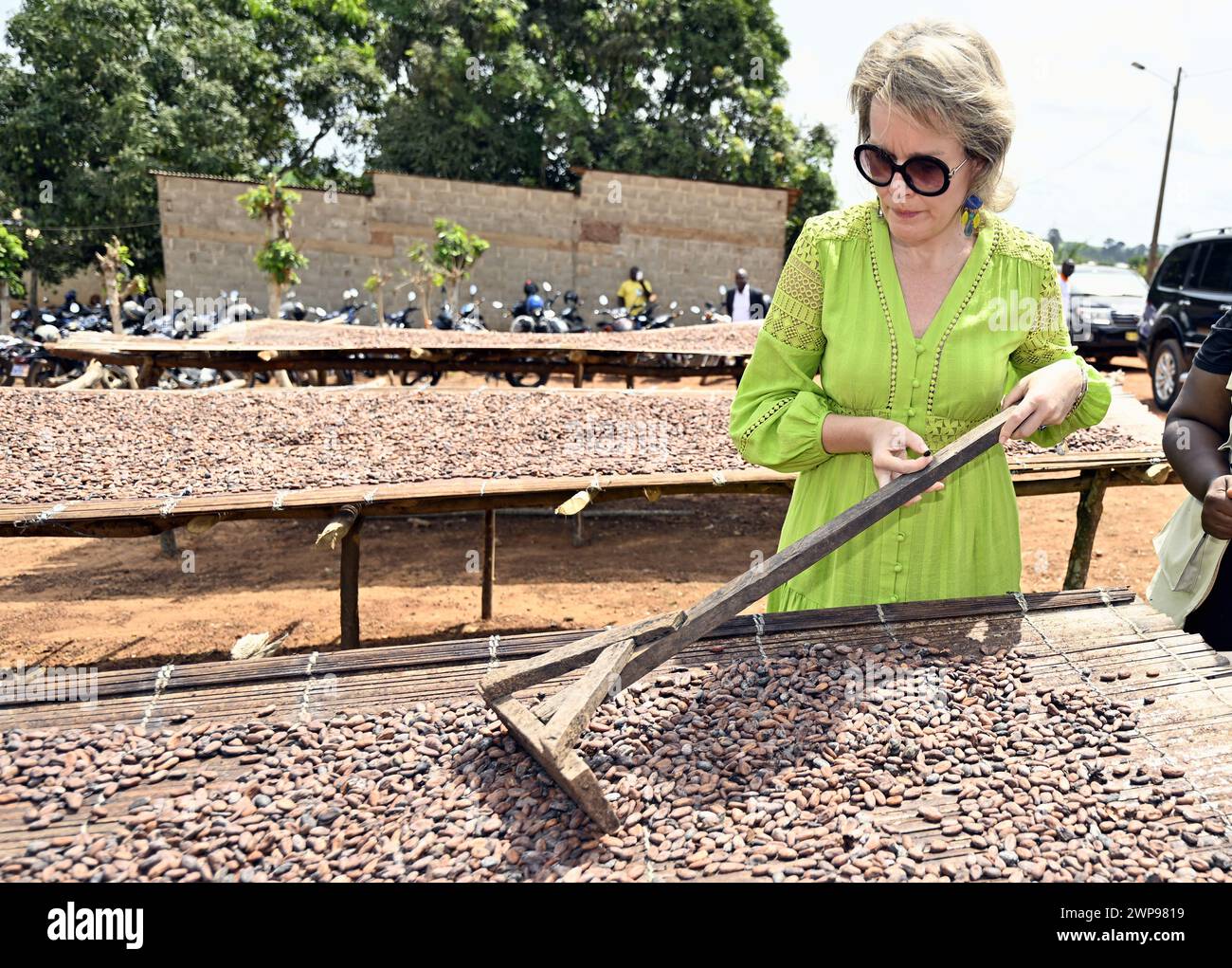 San Pedro, Ivory Coast. 06th Mar, 2024. Queen Mathilde of Belgium receives a guided tour at a visit of ECAM cocoa cooperative in Meagui, during a royal working visit to Ivory Coast, in San Pedro, Wednesday 06 March 2024. The Queen is visiting Ivory Coast in her capacity as ambassador for the Sustainable Development Goals of the United Nations (UN). The aim of the mission is to exchange experiences in the field of sustainable development with Ivorian partners BELGA PHOTO ERIC LALMAND Credit: Belga News Agency/Alamy Live News Stock Photo