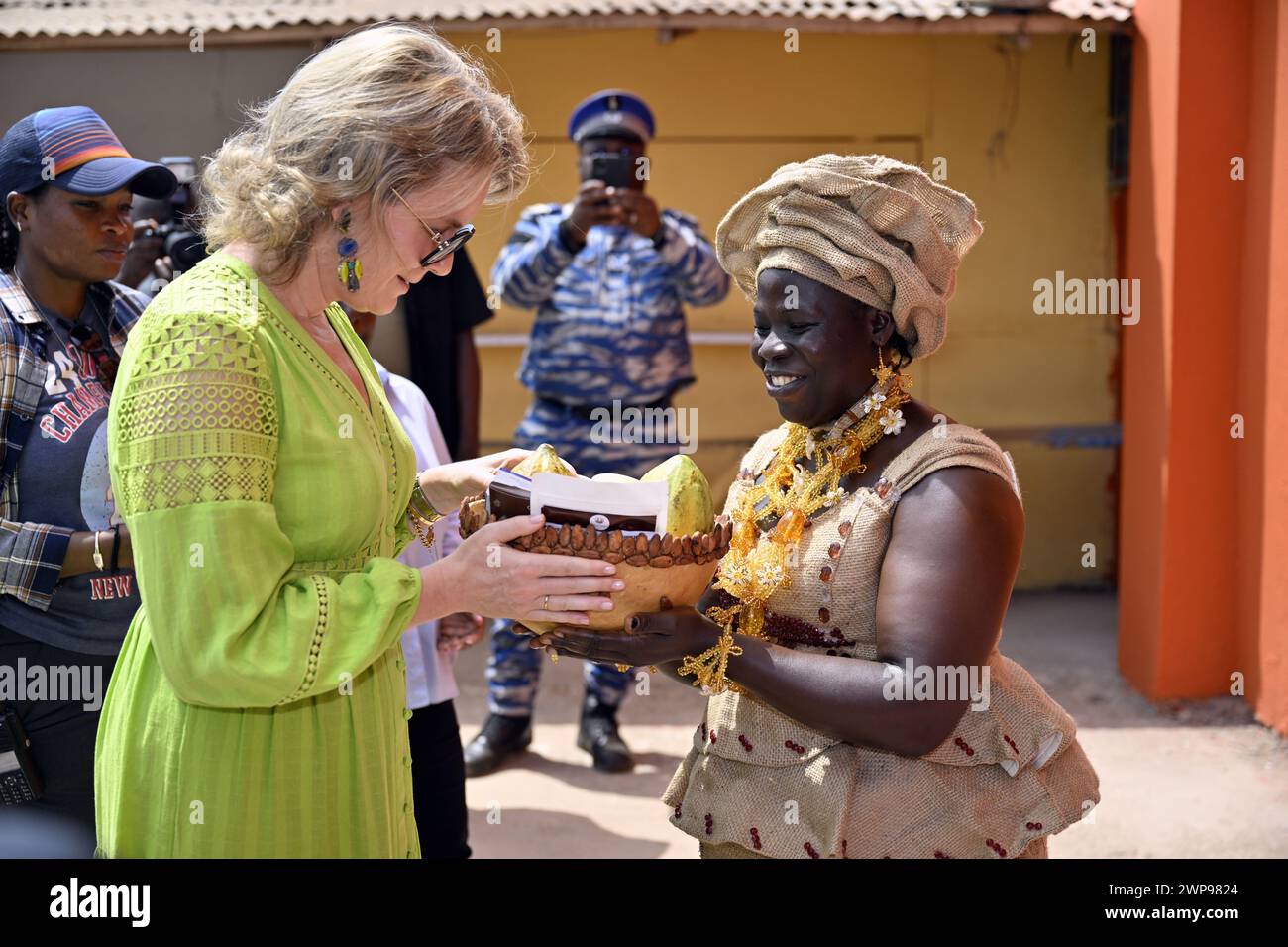 San Pedro, Ivory Coast. 06th Mar, 2024. Queen Mathilde of Belgium receives a guided tour at a visit of ECAM cocoa cooperative in Meagui, during a royal working visit to Ivory Coast, in San Pedro, Wednesday 06 March 2024. The Queen is visiting Ivory Coast in her capacity as ambassador for the Sustainable Development Goals of the United Nations (UN). The aim of the mission is to exchange experiences in the field of sustainable development with Ivorian partners BELGA PHOTO ERIC LALMAND Credit: Belga News Agency/Alamy Live News Stock Photo