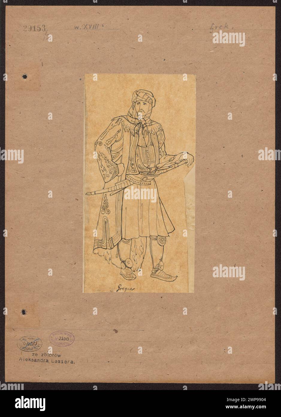 Greek warrior in an outfit from the 18th century; Lesser, Aleksander (1814-1884); 1830-1884 (1830-00-00-1884-00-00);Greeks, Lesser, Aleksander (1814-1884), Lesser, Aleksander (1814-1884) - collections, Lesser, Emiljan Stanisław (Baron - 1847-1912), Lesser, Emiljan Stanisław (Baron - 1847-1912) - collection, Lesser, Wiktor Stanisław Zygmunt (Baron - 1853-1935), Lesser, Wiktor Stanisław Zygmunt (Baron - 1853-1935) - collection, gift (provenance), clothing, men's clothes, warriors Stock Photo