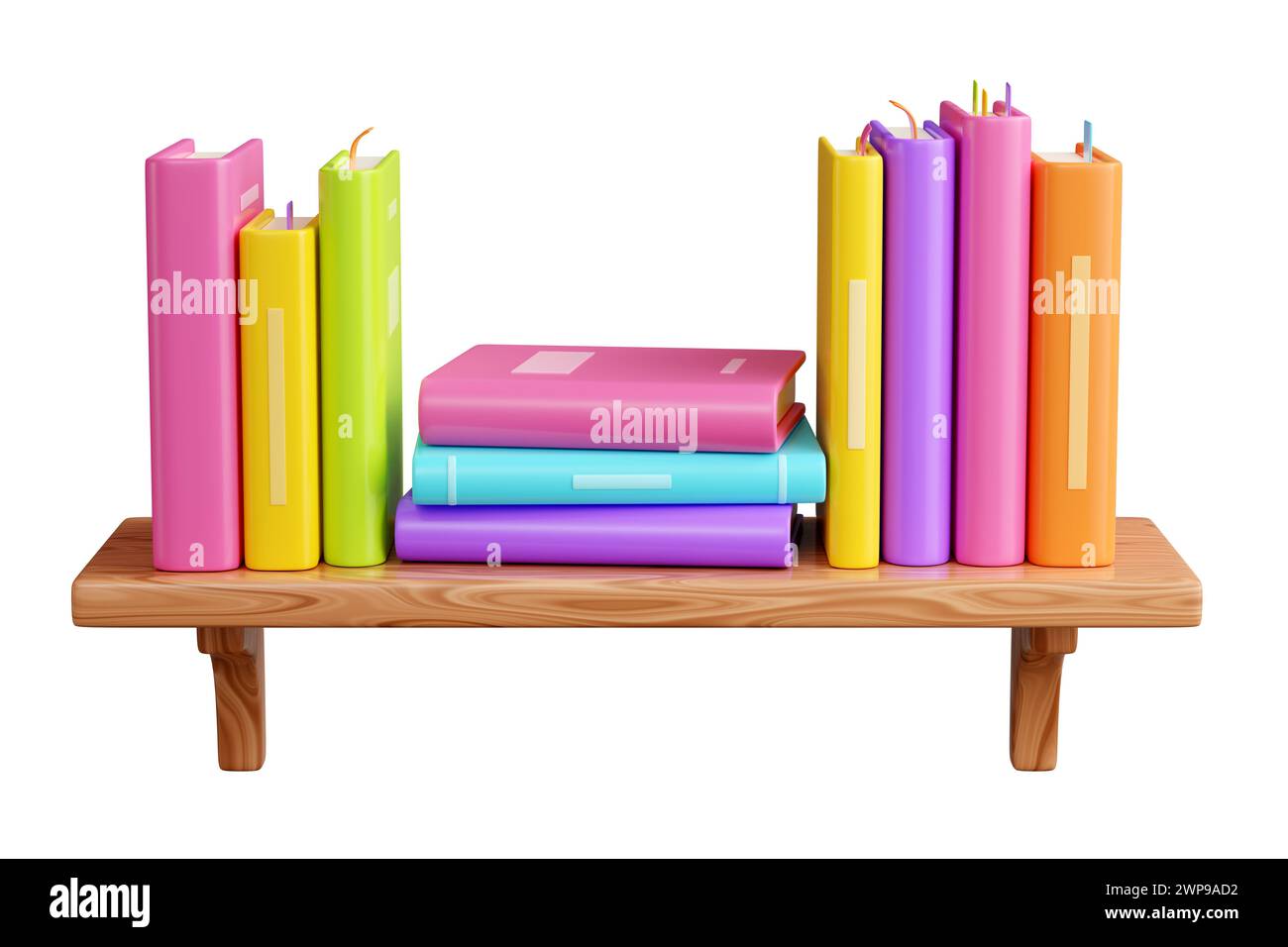Book stack with hard cover standing and laying on wooden shelf. 3D ...