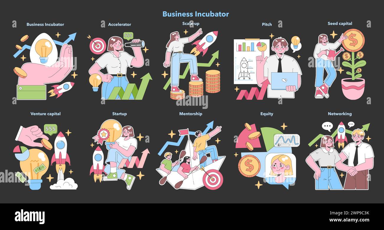 Business Incubator set. Characters navigate startup growth from idea to success. Venture capital, mentorship, equity, and networking moments. Scale-up, pitch, and seed capital. vector illustration Stock Vector