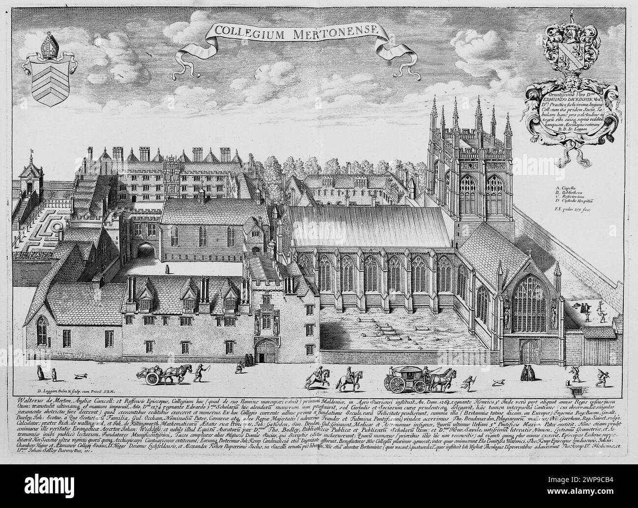 St. Alban Hall, and Merton College, Oxford, vintage engraving by David Loggan and Narcissus Marsh, 1600s Stock Photo