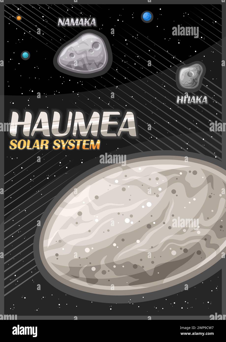 Vector Poster for Haumea, futuristic vertical banner with illustration of oval dwarf planet with moon Hi'iaka and Namaka on black starry background, f Stock Vector