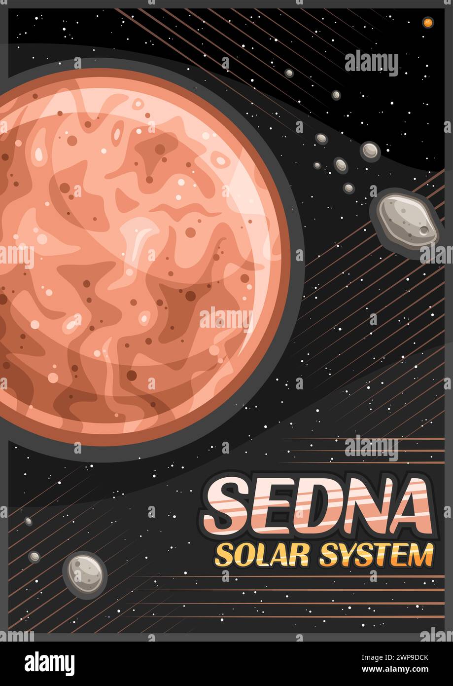 Vector Poster for Sedna, vertical banner with illustration of trans-neptunian dwarf planet in oort cloud on starry background, cartoon design futurist Stock Vector