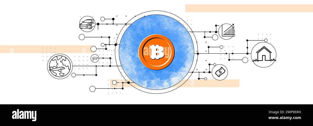 Bitcoin surrounded by various icons representing several aspects of business and lifestyle. Usage of cryptocurrency in online transactions similar to Stock Photo