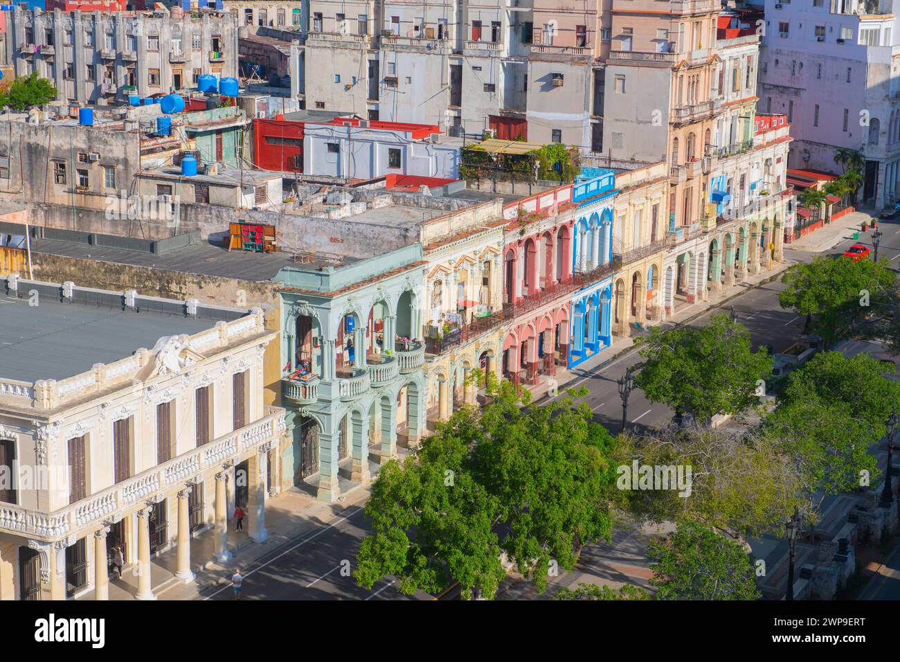 Paseo del Prado aerial view with modern skyscrapers in Vedado at the background in Havana, Cuba. Old Havana is a World Heritage Site. Stock Photo