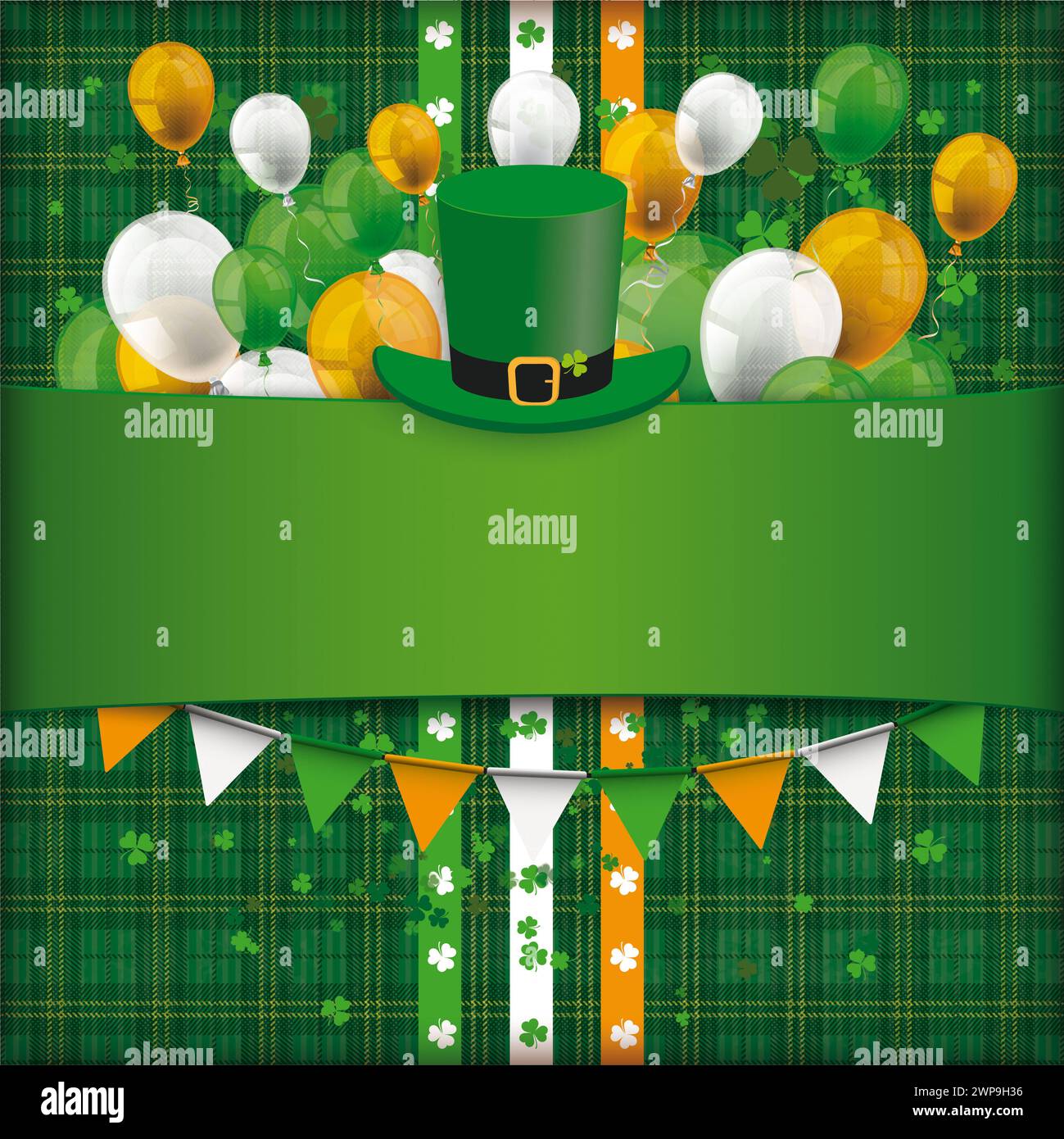 Empty St Patricks Day Shamrock Tartan Cover Balloons Garlands Vintage cover for St. Patrick s Day. Stock Photo