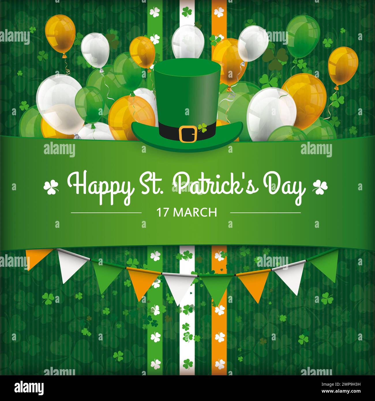 Happy St Patricks Day Shamrock Cover Balloons Garlands Vintage cover with for St. Patrick s Day. Stock Photo