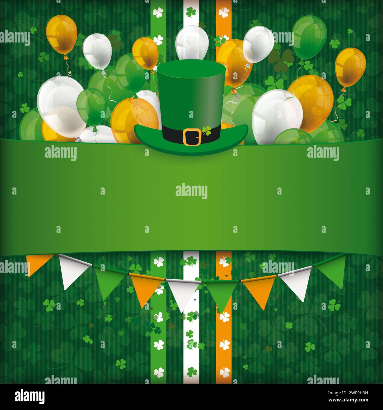 Empty St Patricks Day Shamrock Cover Balloons Garlands Vintage cover with for St. Patrick s Day. Stock Photo