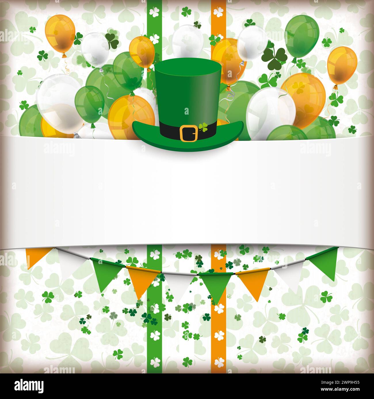 Empty St Patricks Day Shamrock White Cover Balloons Garlands Vintage cover with for St. Patrick s Day. Stock Photo
