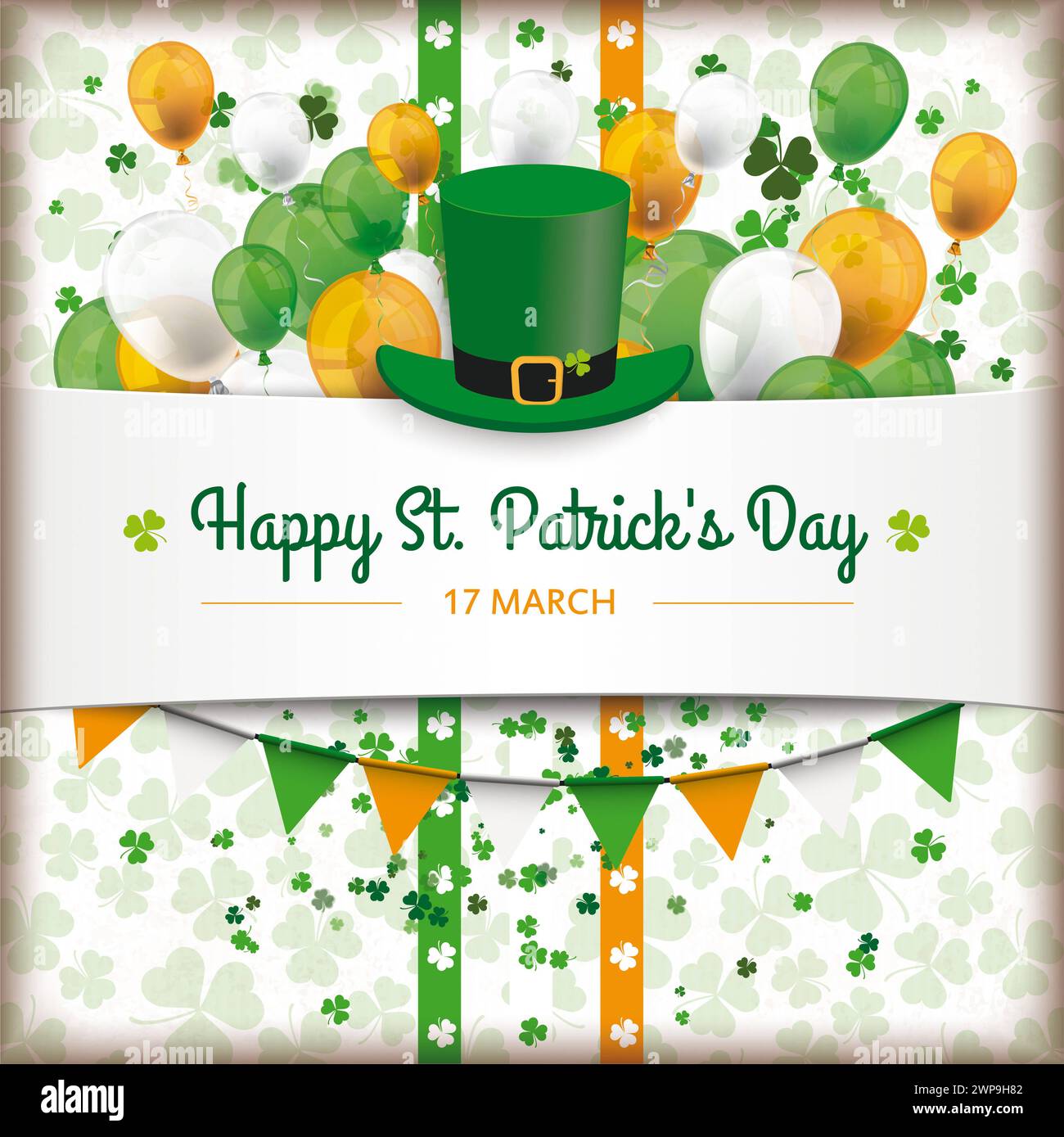 St Patricks Day Shamrock White Cover Balloons Garlands Vintage cover with for St. Patrick s Day. Stock Photo