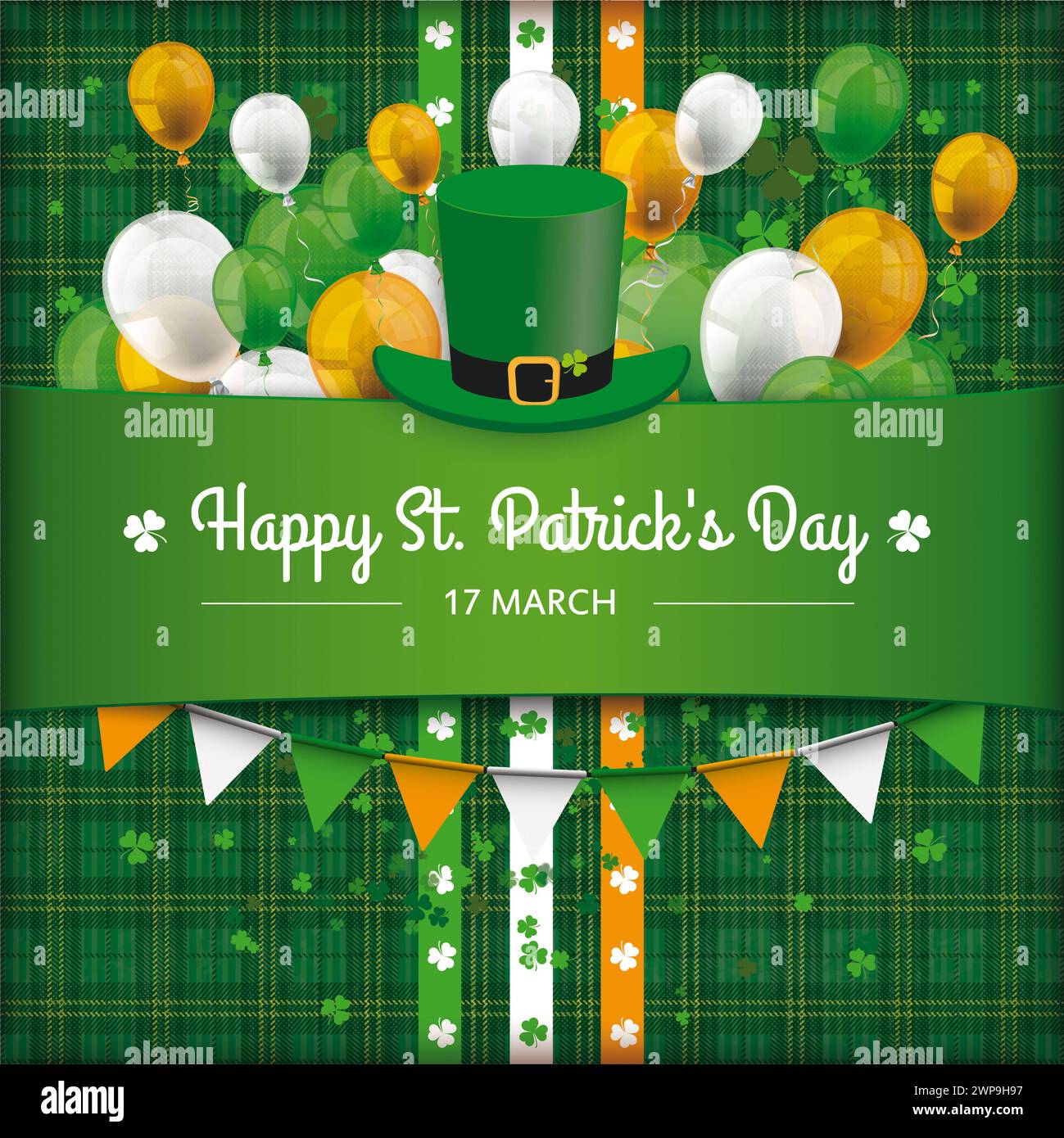 St Patricks Day Shamrock Tartan Cover Balloons Garlands Vintage cover for St. Patrick s Day. Stock Photo