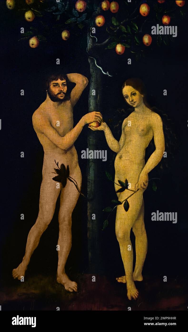 Adam and Eve 1528-1530  by  Lucas Cranach l the Elder 1472 - 1553 German Germany Royal Museum of Fine Arts,  Antwerp, Belgium, Belgian. ( Adam and Eve, Garden of Eden, Paradise, Adam, Eve, God, Expulsion from paradise, Tree of Knowledge , Fall of Man, Apple, Snake,  ) Stock Photo