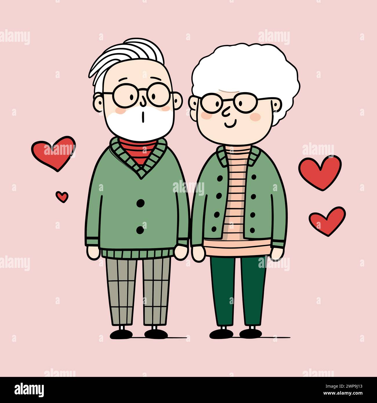 Cute elderly couple. Two old people, feeling love, wearing green sweaters. Vector old men and women with white hair. Stock Vector