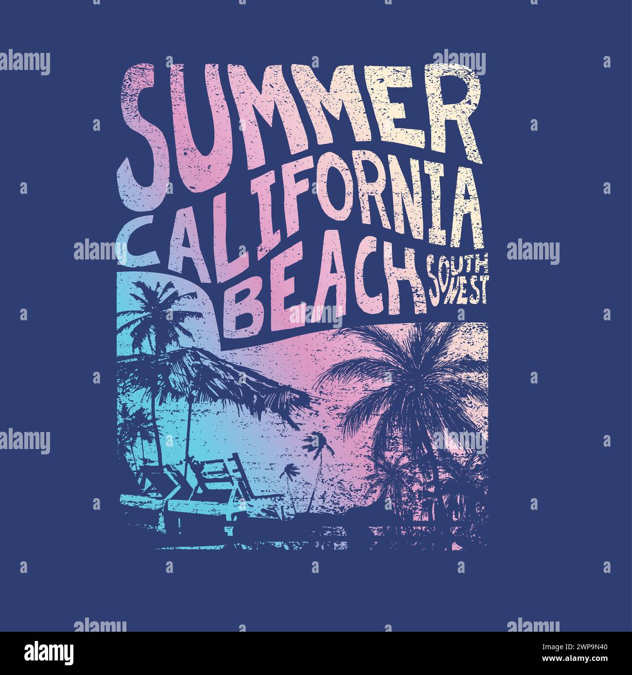 summer california beach south west typography gradient beach graphics palm tree beach scene resort typographic poster design vector graphic print Stock Vector