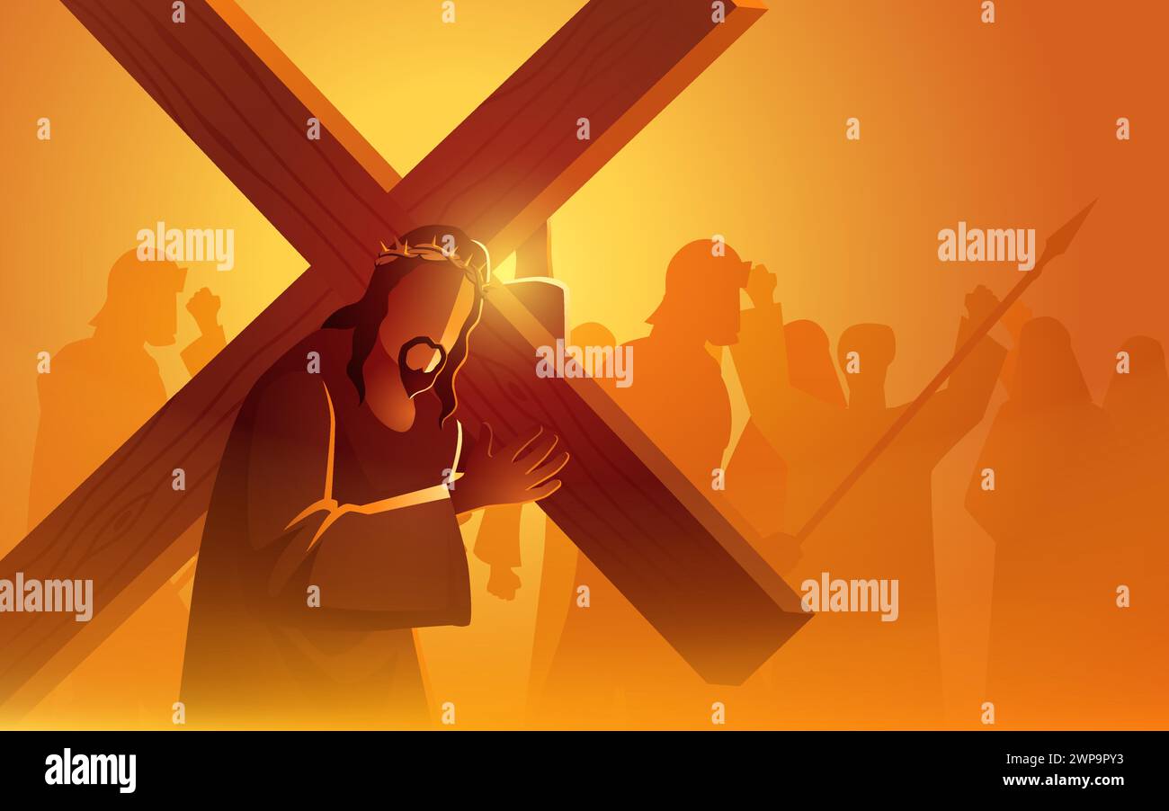 Jesus carrying his cross, as the people of Jerusalem cheer to mock him. Captures a pivotal moment in the Christian narrative, symbolizing themes of su Stock Vector