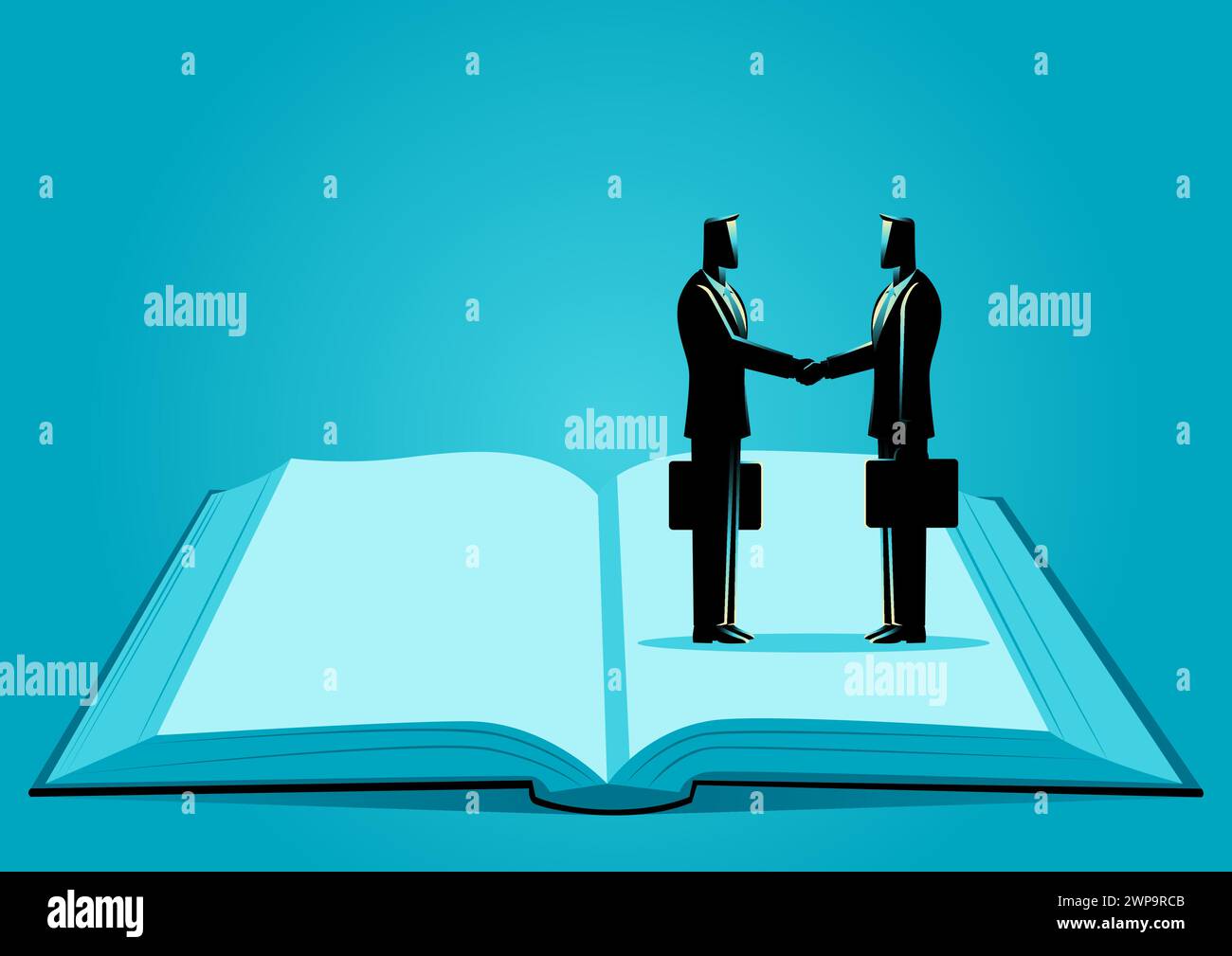 Symbolic image of two businessmen shaking hands while standing on the ...